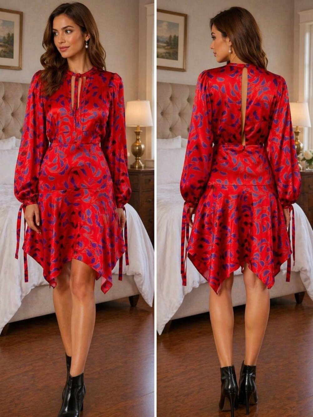 NWT Self-Portrait Red Satin Print Midi Dress $465